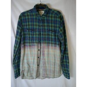 Rare Vintage Koto Plaid Flannel Shirt Mens Bleach Dyed Ombre Long Sleeve Medium